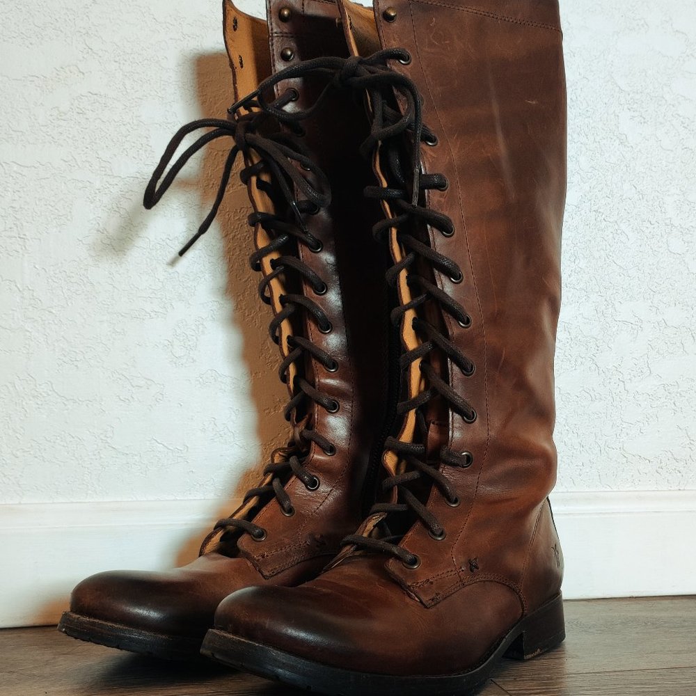 Frye Melissa Tall Lace Up Brown Leather Riding Boots